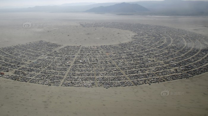 An aerial view of Burning Man 2015 "Carnival of Mirrors" arts and music festival in the Black Rock Desert of Nevada